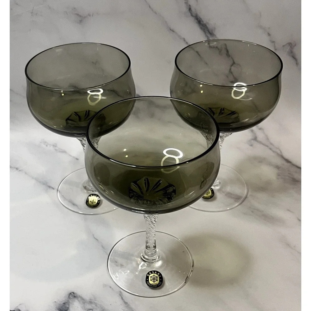 Vintage Sasaki Japan Coronation Dark Green 3 Cocktail Glasses 6 oz MCM READ